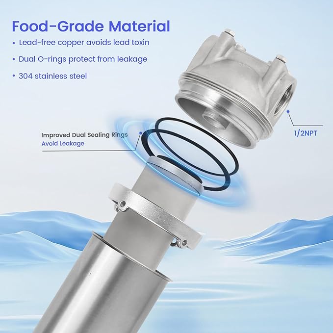 Amwater NSF/ANSI 42 Stainless Steel Whole House Water Filter Housing, 10" x 2.5" Sediment Water Filter System for Heavy Duty, Well & City Water, 1/2" NPT Port, Drain Valve Style A