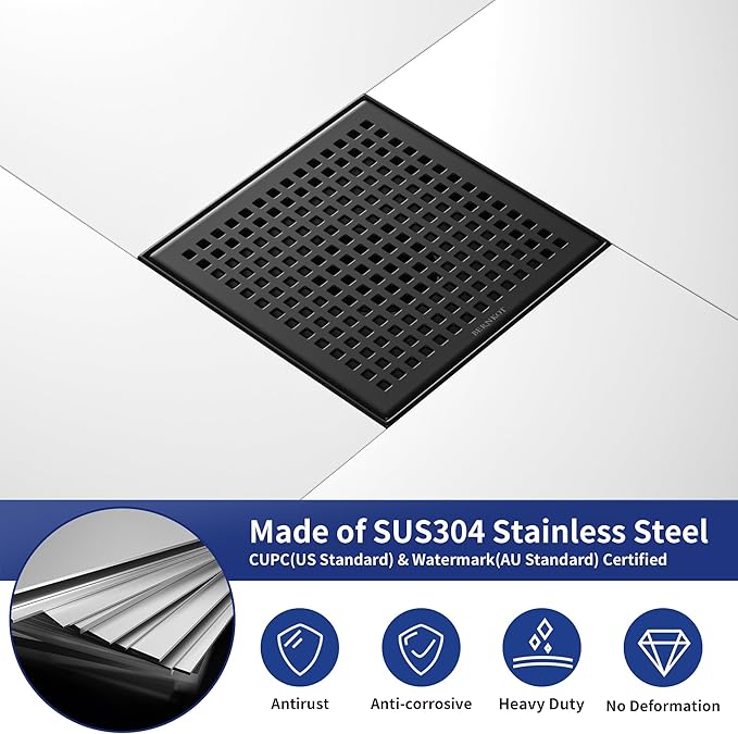 Square Shower Drain 8", 304 Stainless Steel Floor Drain with Grid Drain Cover & Hair Strainer, Shower Drain w/CUPC Certified, Matte Black
