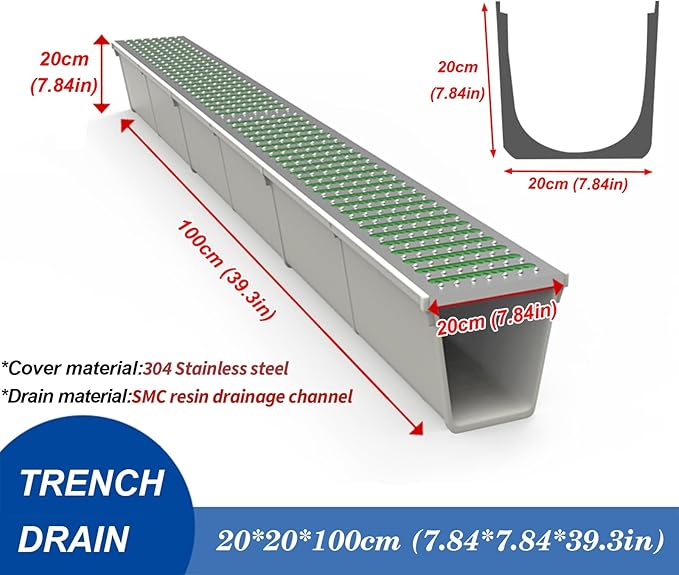 Under Deck Drainage System,Stainless Steel Trench Drain Kit,with Removable Grate Covers,for Yard Concrete Garden Driveway Garage
