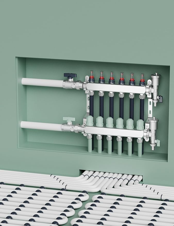 6 Loop Stainment Steel Manifold for Radiant Heat with Flow Meters, 1/2" Inch Compression Fittings, for Hydronic Infloor Heating System