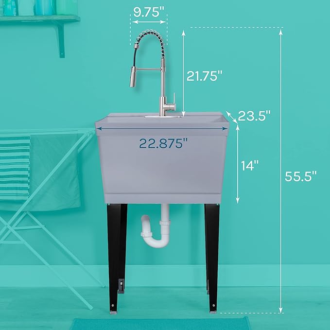 Utility Sink Extra-Deep Laundry Tub in Grey with High-Arc Stainless Steel Coil Pull-Down Sprayer Faucet, Integrated Supply Lines, P-Trap Kit, Heavy Duty Floor Mounted Freestanding Wash Station