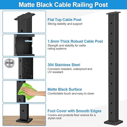36" Cable Railing Post Kits, Flat Top Cable Post System Includes 3Pack Updated 35" Level Drilled Posts, 1/8" Black Wire Rope with Cutter, Swageless Cable Railing Tensioner System Kit, RG31