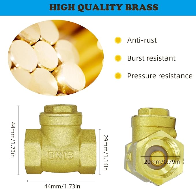 1/2"NPT Female Horizontal Brass Check Valve to Prevent Water Backflow, For Sewage Pumps & Air Compressors DN15