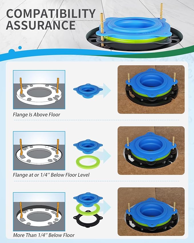 Toilet Flange Repair Kit- Include Flange & Elastic Wax Ring Gasket with Brass Bolts and Hardware, Universal Rubber Toilet Wax Ring Replacement Kit, Better Than Wax Toilet Seal