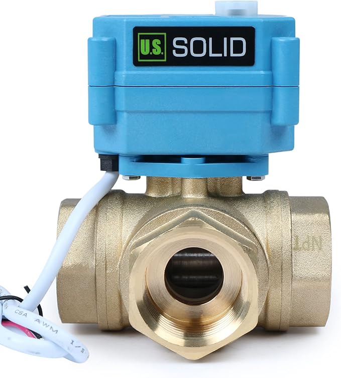 U.S. Solid 1" 3 Way Brass Motorized Ball Valve L Type AC/DC9-24V, Water Shutoff Valve with Manual Function, Standard Port, NOT for Drinking Water