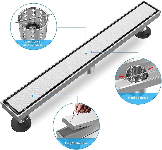 Linear Shower Drain 24 Inch, ZEKOO 2 in 1 Brushed Nickel Shower Drain, 304 Stainless Steel Linear Drain with Tile Insert Grate, Rectangle Shower Floor Drain