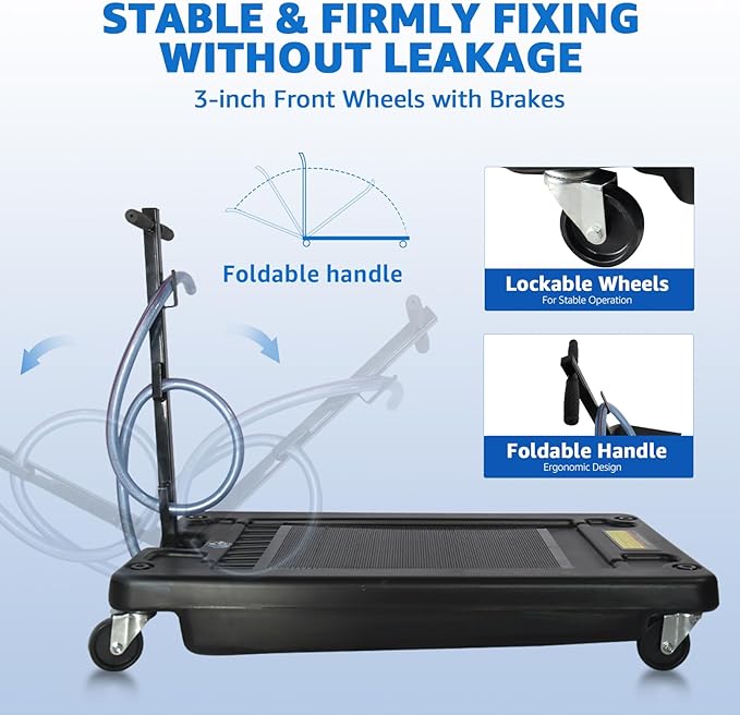 HKTE Oil Drain Pan, 17Gallon(64L), Low-Profile, T-Handle and Heavy-Duty Casters, Quick Drainage, Splash Guard Cover Design