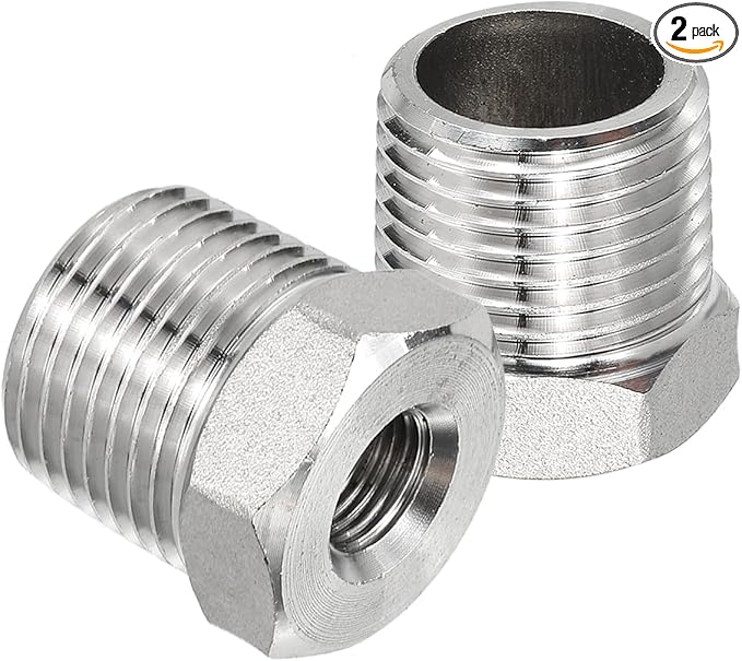 PATIKIL 304 Stainless Steel Reducer Hex Bushing 2 Pcs, 1/2" BSPT Male to 1/8" BSPT Female Pipe Reducing Adapter Fitting Connector for Water Gas Hydraulic Pipes Shower Hose, Silver