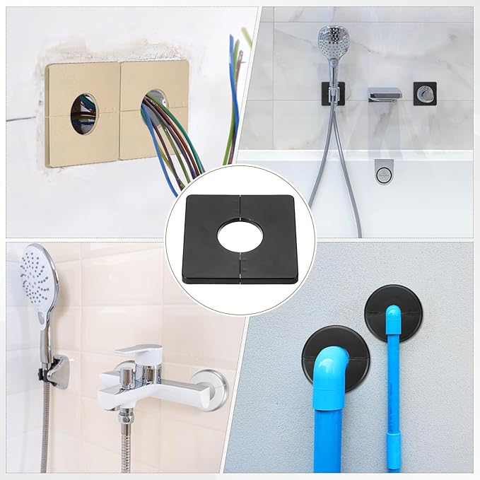 PATIKIL Wall Split Flange 86mm / 3.4" OD, 4 Pcs Square Escutcheon Plate Cover PPR Plumbing Cover Plates with Self-Adhesive Tape for 33mm / 1.3" Dia Water Pipe Faucet, Black