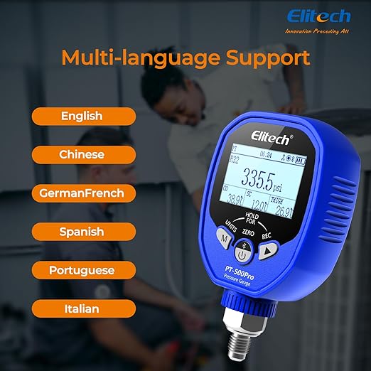 Elitech PT-500Pro Digital Pressure Gauge – HVAC Refrigeration Manifold Gauge with Bluetooth, Temperature Measurement, and Data Logging