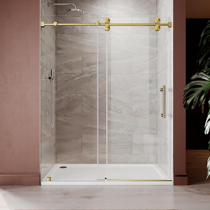 66-72 Inch x 76 Inch Sliding Frameless Shower Door, 3/8" Tempered Glass with Easy-Cleaning Coating, Stainless Steel Rollers & SGCC-Certified Stability, Satin Brass