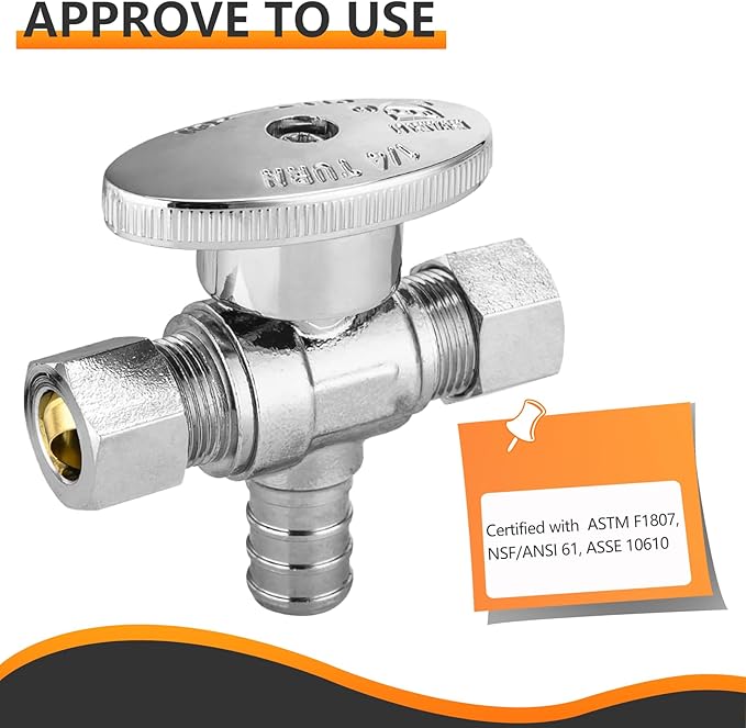 100-PCs HeSun Dual Compression Outlet Angle Stop Valve, 1/2" PEX-B x 3/8" OD Comp x 3/8" OD Comp, 1/4-Turn Shut Off Valve for Bathroom, ASTM F1807(VALVE125-100)