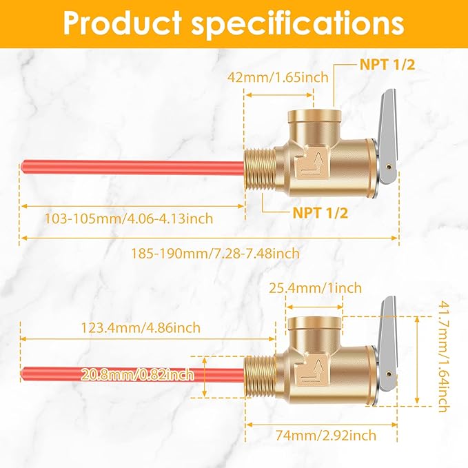 1/2" NPT RV 0.7MPa Temperature and Pressure Relief Valve Thickened Brass Safety Valve RV Water Heater Temperature and Pressure Relief Valve for Hot Water Heater Tanks (DN15-1pc)