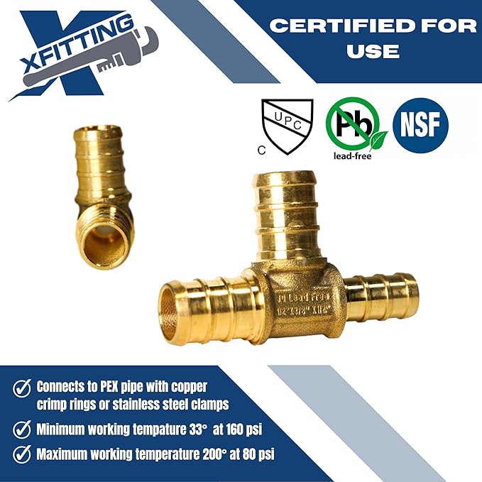 XFITTING 1/2 inch x 3/8 inch x 1/2 inch Pex Tee, Pex B Reducing Tee Crimp Version 26-6-4=5X, 5 Pieces