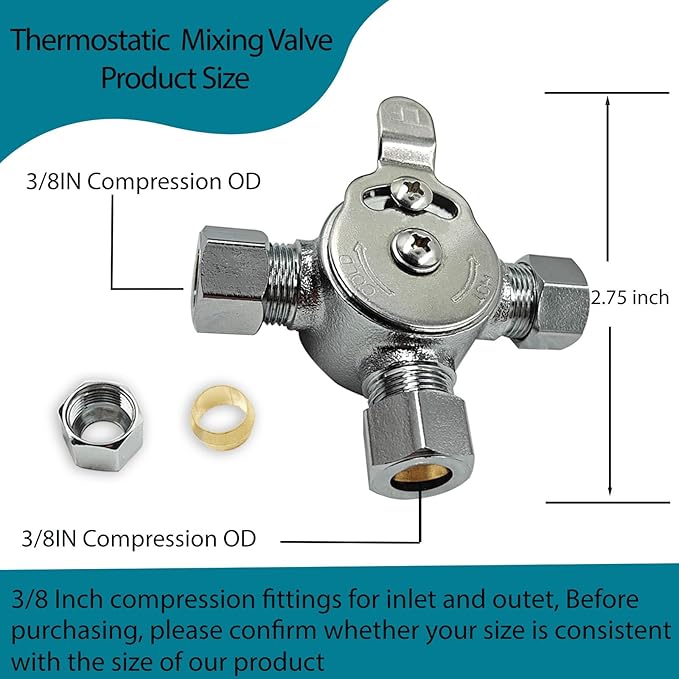 Water Mixing Valve, Hot Cold Water Mixer, Inlets and Outlet is 3/8"Inch, Manual Mixing Valve Hot and Cold Water Mixer, Compression Sleeve and Nuts Included