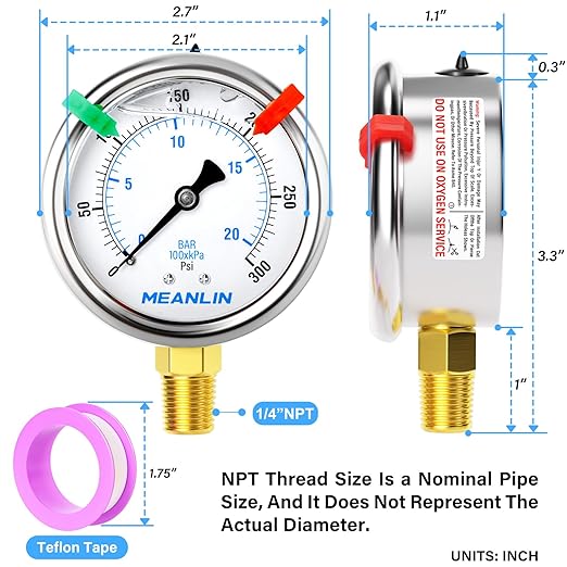 MEANLIN MEASURE 0~300Psi Liquid Filled Pressure Gauge 1/4" NPT 2.5" FACE DIAL Stainless Steel Glycerin Filled WOG Water Oil Air Lower Mount (with 2PCS Snaps)