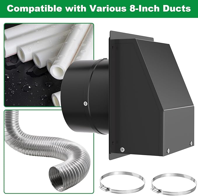 8 Inch Hooded Wall Vent with Screen and Damper, Galvanized Steel Exhaust Wall Vent, Outdoor Wall Vent Cap for Residential Housing Kitchen Rangeand Outside HVAC Duct Air Exhaust
