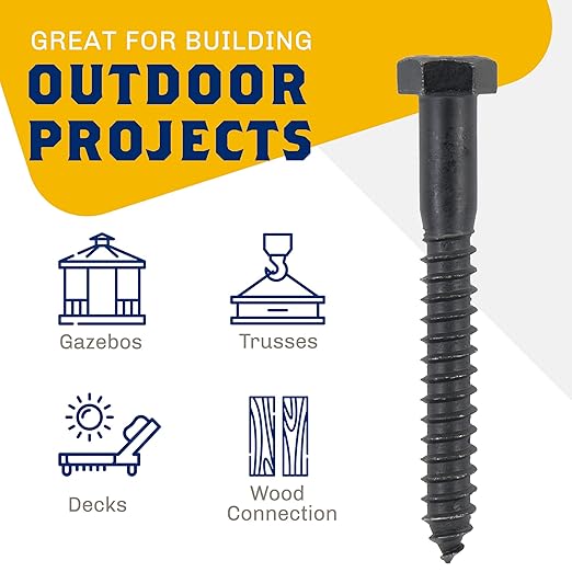 1/2" x 6”, 25-Piece Black Lag Bolts, Rustproof 4-Layer Ceramic BLAKOTE, 2X Protection of Galvanized Lag Screws, for Decks Pergolas by Makers Bolt