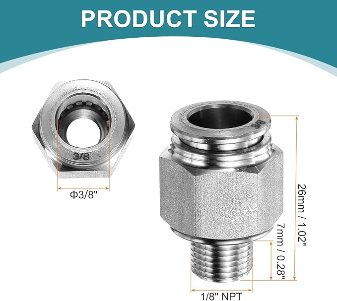 HARFINGTON Push to Connect Fittings 3/8" Tube OD x 1/8" NPT Thread Male Straight Union Fittings 304 Stainless Steel Quick Connect Pneumatic Accessories for Trailers Air Brake System