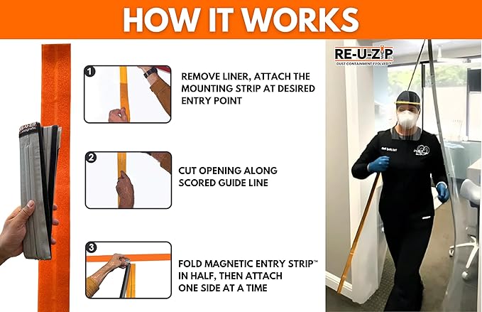 RE-U-ZIP® Self-Closing Magnetic Entry Strip | Hands-Free Dust Barrier Zipper Alternative for Plastic Sheeting | Reusable, Custom Placement & Works Under Negative Air | 3-Pack