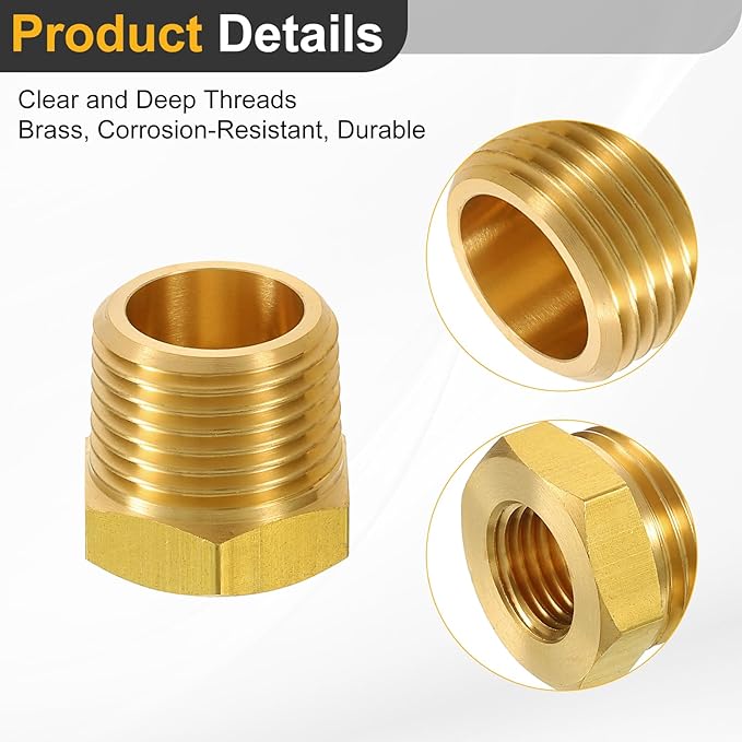 uxcell 2Pcs 1/2 BSPT Male x 1/4 NPT Female Brass Reducer Hex Bushing Threaded Pipe Fitting, Brass Threaded Pipe Fitting Adapter for Water, Gas, Oil Pipeline Systems