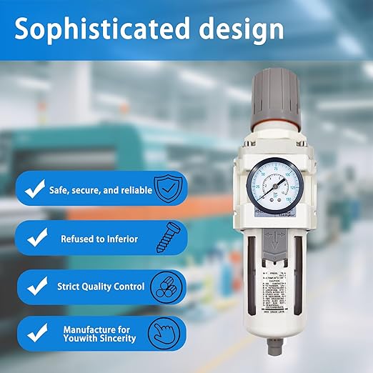 XingNEeng 3/4" NPT Compressed Air Filter Regulator Lubricator Combo, Water/Oil Trap Separator, Gauge(0-150 psi), Semi-Auto Drain, Poly Bowl, 5 Micron Brass Element, Bracket, for Pneumatic Systems