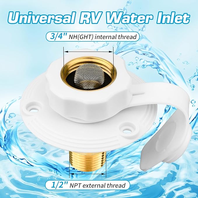 RV City Water Inlet with Brass Check Valve, Fresh Water Fill Flange for Camper Hookup, Durable RV Water Replacement Connection Fittings, White
