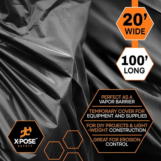 Xpose Safety Black Plastic Sheeting 5 Pack – 20' x 100' Rolls – Heavy Duty 3.4 Mil Poly Sheet – Waterproof, Dustproof, Vapor Barrier – for Construction, Painting, Industrial Use