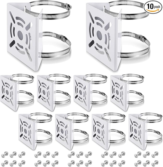 10 Pcs Universal Vertical Pole Mount for Security Camera Wall Mounting Bracket with 6 Loops Solid Metal Pole Bracket for CCTV Camera Indoor Outdoor Solar Panel LED Wall/Stage Light (White)