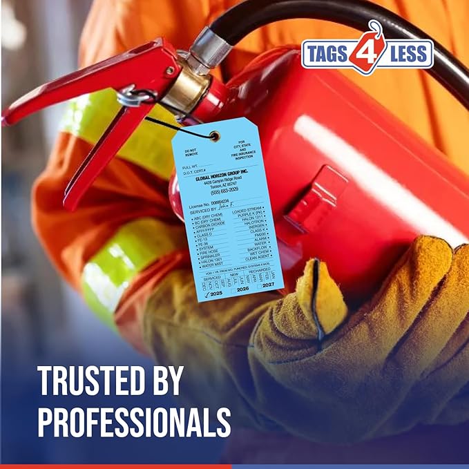 Tags 4 Less Custom Fire Extinguisher Tags – Preventative Maintenance Labels for Monthly Inspections, Alternative to Safety Sticker for Easy Record-Keeping – Pack of 100 (Light Blue, Vinyl Plastic)