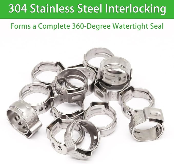 Stainless Steel 304 Pex Crimp Ring Clamp, Hose Pex Fitting Clamps (3/8 Inch, 50pcs)