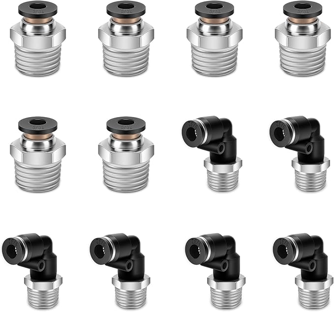 12 Pcs Push to Connect Fittings 5/32 Inch Tube OD x 1/4 Inch NPT Thread Pneumatic Male Straight and Elbow Quick Connect Air line fittings