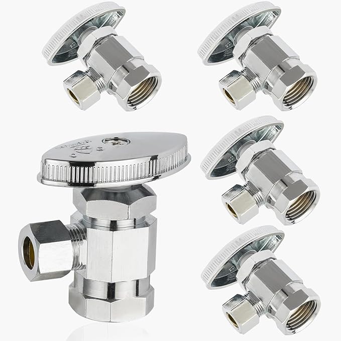 5-Pack GUOFIS Angle Stop Valve with Multi-Turn,1/2-Inch Fip Iron Pipe x 3/8-Inch OD Compression Water Shut-off Valves(LF Brass Chrome Plate)(VALVE365)