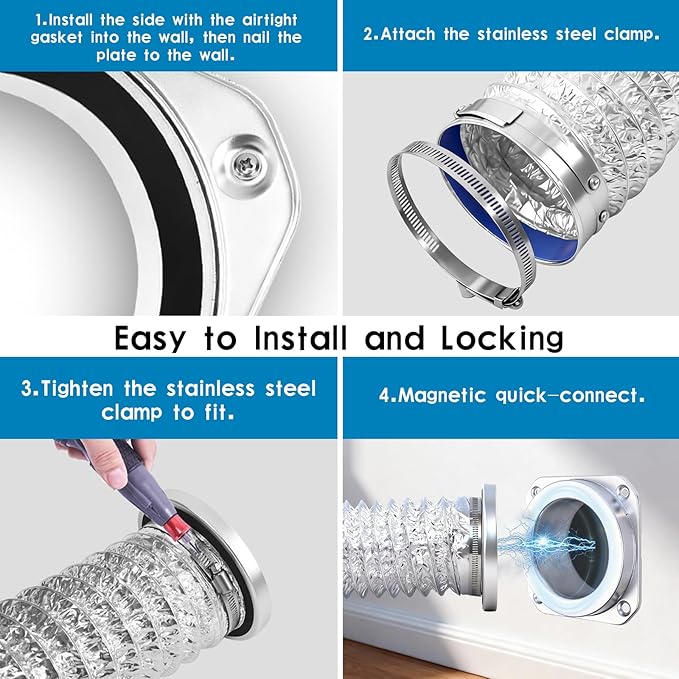 Magnetic Dryer Vent Coupling, Self-Connecting with Strong Magnetic Force, Easy to Install. Magnetic Dryer Vent Connection Kit, Comes with Clips and Screws (Silver)