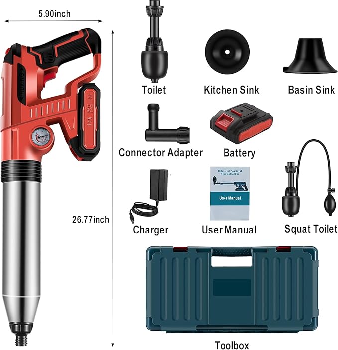 Electric Toilet Plunger With Dedicated Box, Plunger Toilet Can Only Take 2 Mins To Unclog Toilet,Bathroom,Floor Drain,Sewer,Pipe，RED,1 Battery