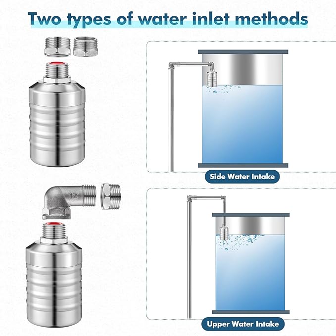 4 Pack Water Float Valve 1/2" to 3/4'' Auto Shut off Water Tank Float Valve 304 Stainless Steel Fully Automatic Level Control for Pool, Livestock Troughs (Classic Style)
