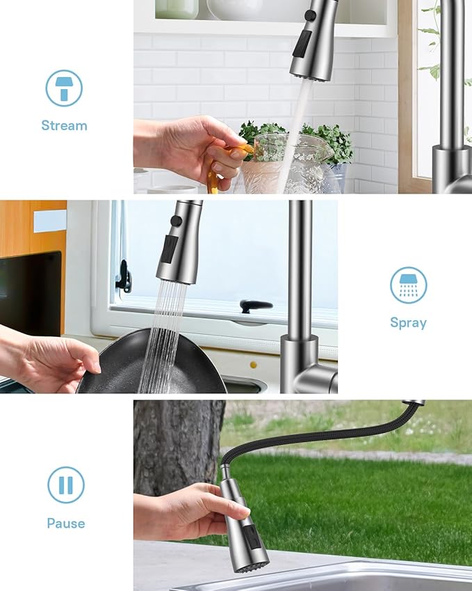 WEWE Kitchen Faucets with Pull Down Sprayer, Leak-Proof Stainless Steel Lead-Free Single Handle 1 Hole for Family Kitchen Commercial Camper Laundry Rv Bar, Brushed Nickel Bar Sink Faucet