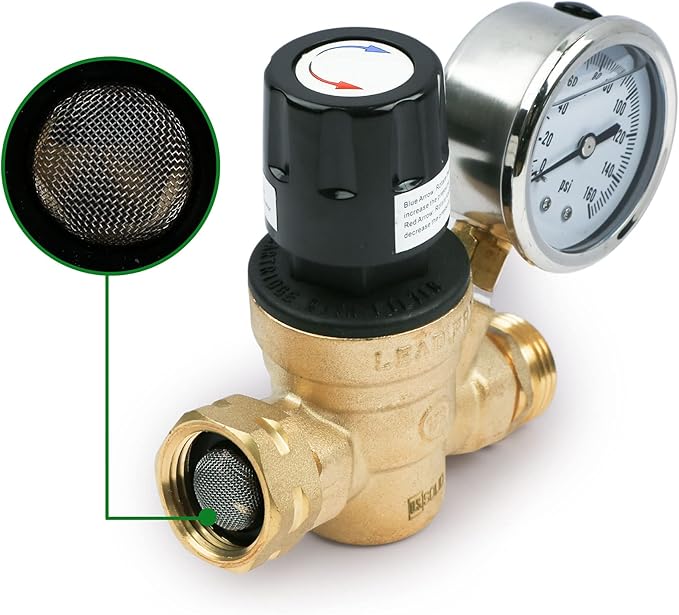 U.S. Solid 3/4" GHT RV Water Pressure Regulator, Handwheel Adjustable Lead-Free Brass Regulator Valve with Gauge & Filter for RV, Camper & Garden Hose