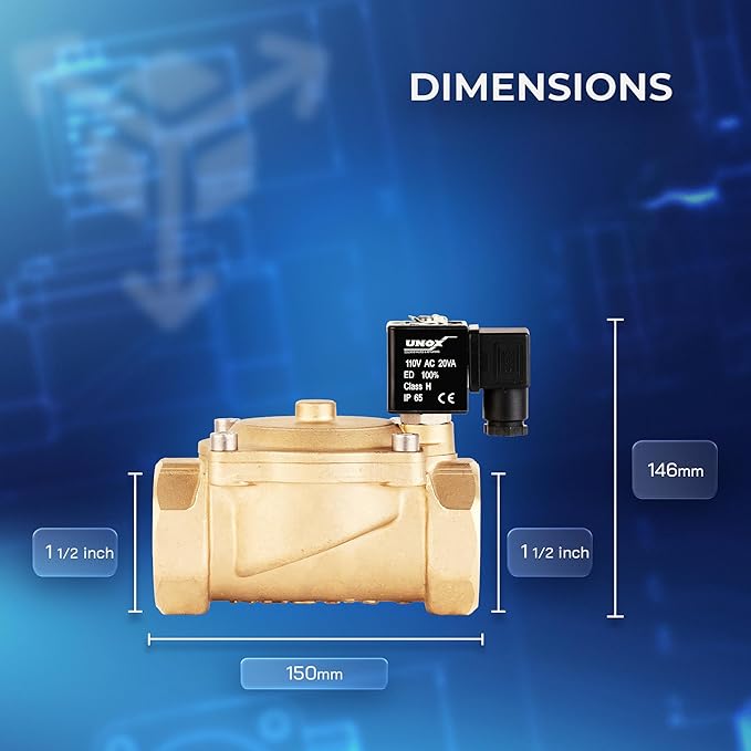 UNOX 1 1/2" NPT Solenoid Valve 110V AC, Brass Control Valve Normally Closed - 7-232 PSI Multi-Purpose Reliable Control Valve for Water, Air, and Gas - Solenoid Valves