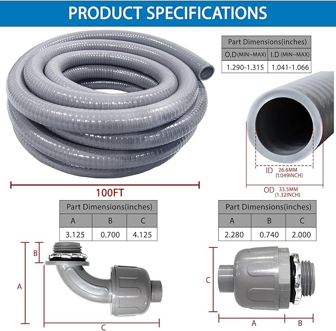 1 inch 100 Ft Electrical Conduit Kit,Liquid-Tight Conduit and Connector Kit with 5 Straight and 3 Angle Fittings Included,Flexible Non - Metallic Liquid Tight Electrical Conduit(1" Dia,100 ft)