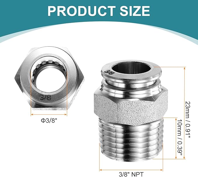HARFINGTON Push to Connect Fittings 3/8" Tube OD x 3/8" NPT Thread Male Straight Union Fittings 304 Stainless Steel Quick Connect Pneumatic Accessories for Trailers Air Brake System