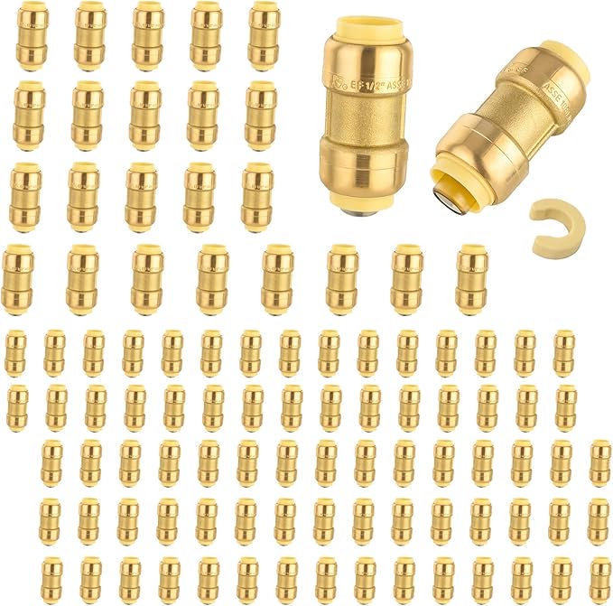 100-Pack Niikappu Push Fit Fittings, 1 Inch x 1 Inch Brass Plumbing Fittings to Connect PEX, Copper, CPVC, Brass Straight Coupling With Disconnect Clip