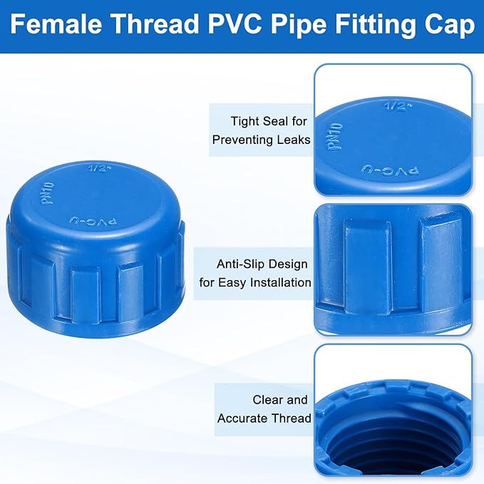 uxcell 5Pcs 1/2 Inch PT Female Thread PVC Pipe Fitting Cap, Cleanout Water Drain End Caps, Pipe Plug Socket Fittings with Gasket for Water Heater Supply Lines, Plumbing, Blue