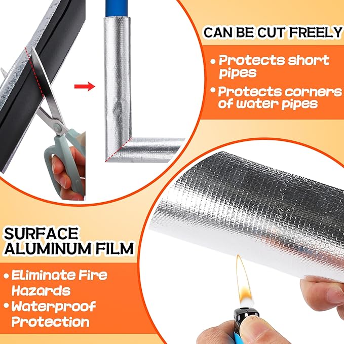 10.5ft Pipe Insulation Foam Tube for 1/2in Pipes - Pre Slit Duct Wrap with Aluminum Foil, for Outdoor Winter Cold Hot Water Pipe Winterizing Heat Preservation, Reduce Heat Loss Antifreeze 15.7"*8pcs