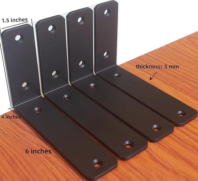 2 Pack - L 6" x H 4" x W1.5, 5mm Thick Black L Shelf Bracket, Iron Shelf Brackets, Metal Shelf Brackets, Floating Shelf, Shelf Supports with Screws