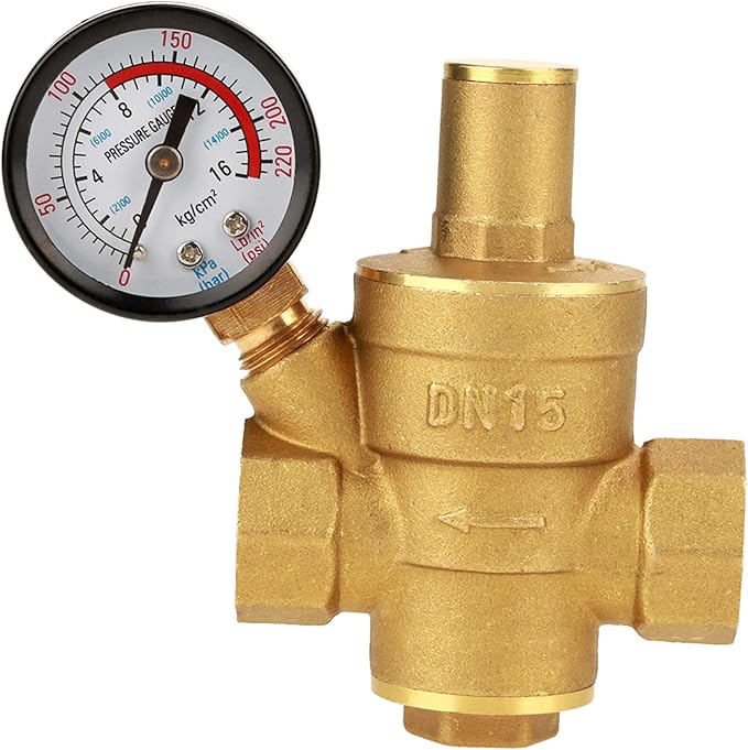 Water Pressure Regulator Valve, DN15 Brass RV Adjustable Water Pressure Reducer With Meter for RV Travel Trailer