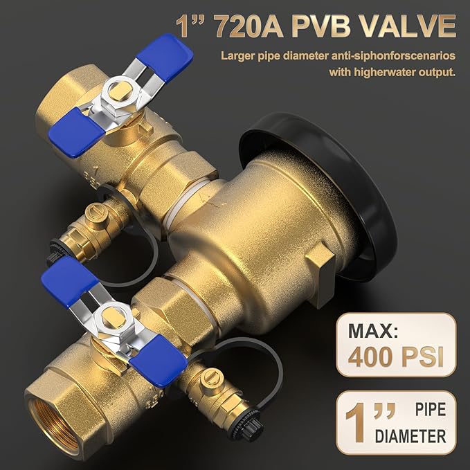GASHER 1" Pressure Vacuum Breaker Assembly for 1-720A, Brass Irrigation Backflow Preventer, Max 400 PSI Back Siphon Valves for Irrigation System