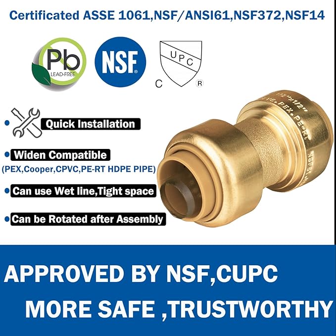 WHK 12 Pack 1/2" Push-to-Connect Plumbing Fittings,Straight Push Fittings 1/2 Pushfit Coupling Kit with Disconnect Clip,Brass Push Fit Connector for Copper, PEX, CPVC Pipe(Certificate)