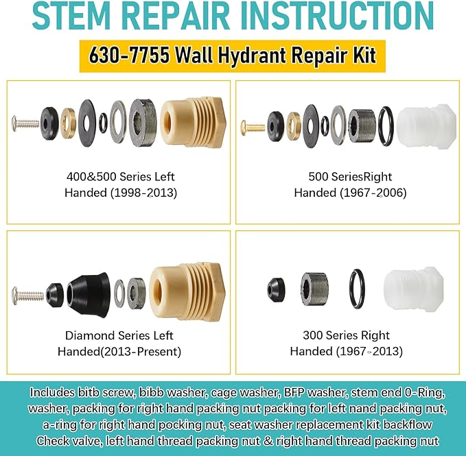 630-8500 Wall Hydrant Complete Service Kit Compatible with Prier 300, 400 & 500 Series Wall Hydrants Outdoor Faucet Repair Kit Outdoor Spigot Repair Kit