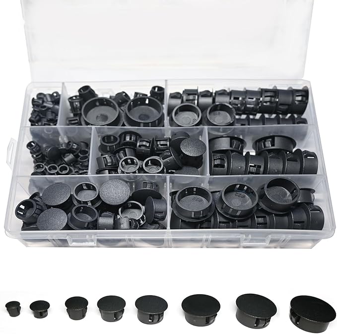 250 PCS 8 Sizes Nylon Plastic Hole Plugs Black 1/4" 5/16" 3/8" 1/2" 5/8" 3/4" 7/8" 1" Hole Plugs for Round Holes, Screw Hole Covers, Base Plugs, Furniture & Cabinet Hole Cap - Black
